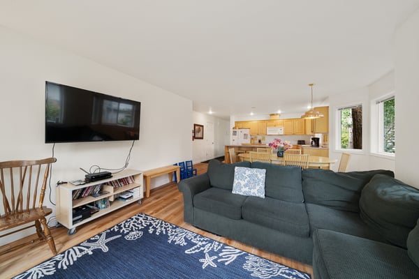 Relax in your open-concept living space with a cozy sofa, flat-screen TV, and fully-equipped kitchen. Sunlight fills the room through windows framing peaceful woodland views.
