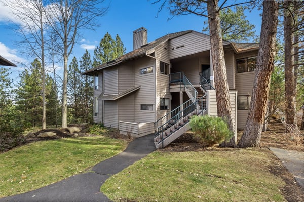 Modern multi-level property nestled among towering pines with convenient outdoor staircase access.
