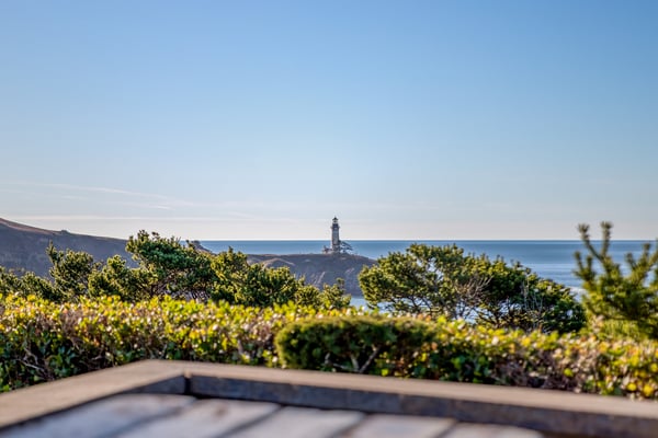 Ocean view with lighthouse and natural vegetation creates a picturesque coastal setting near the property.