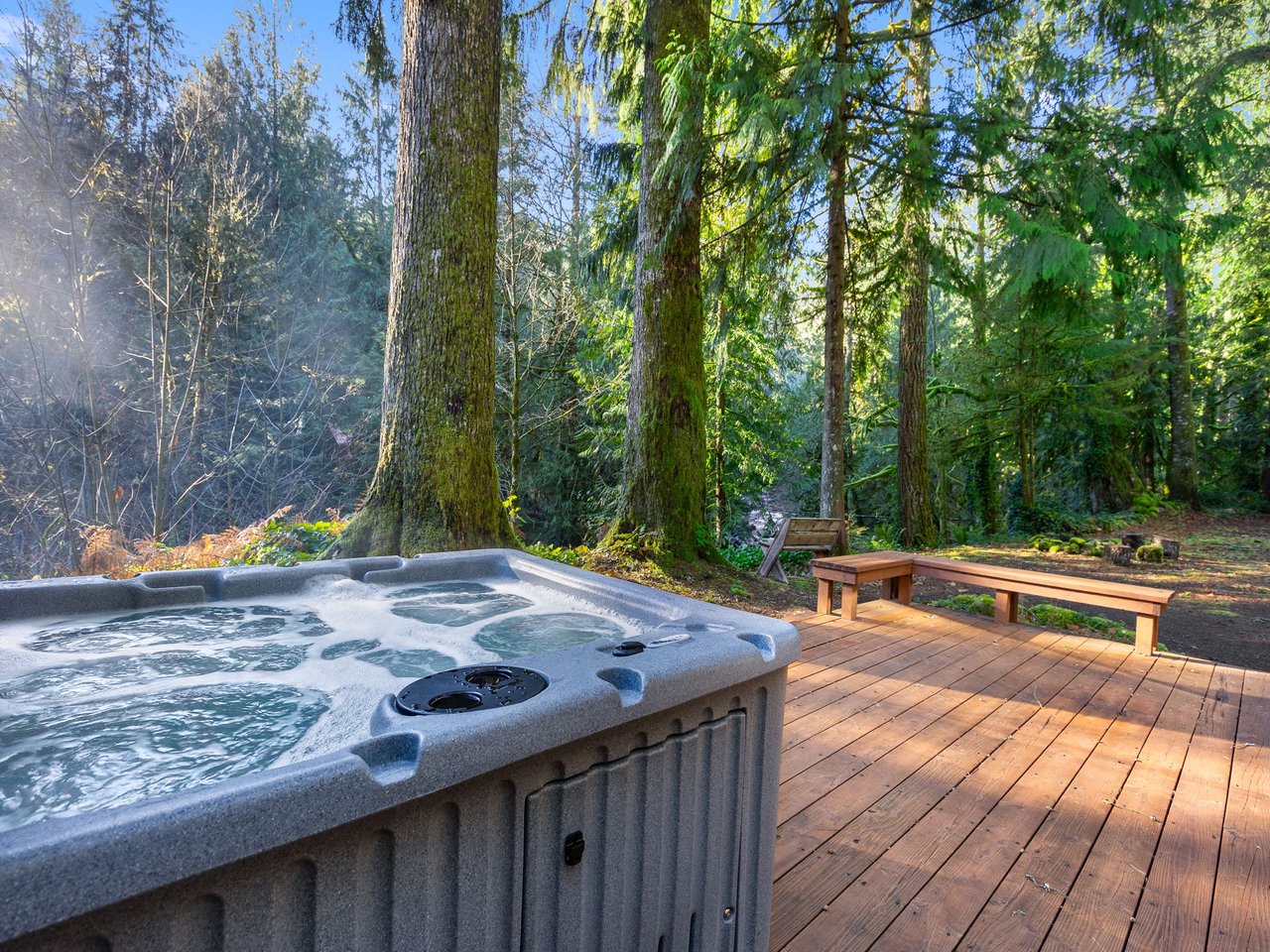 Soak in your private hot tub surrounded by towering forest trees, where warm bubbles and fresh mountain air create pure tranquility.