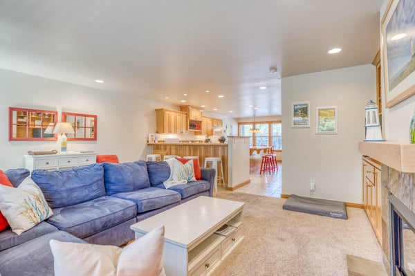 Living room with seating and vibrant accents