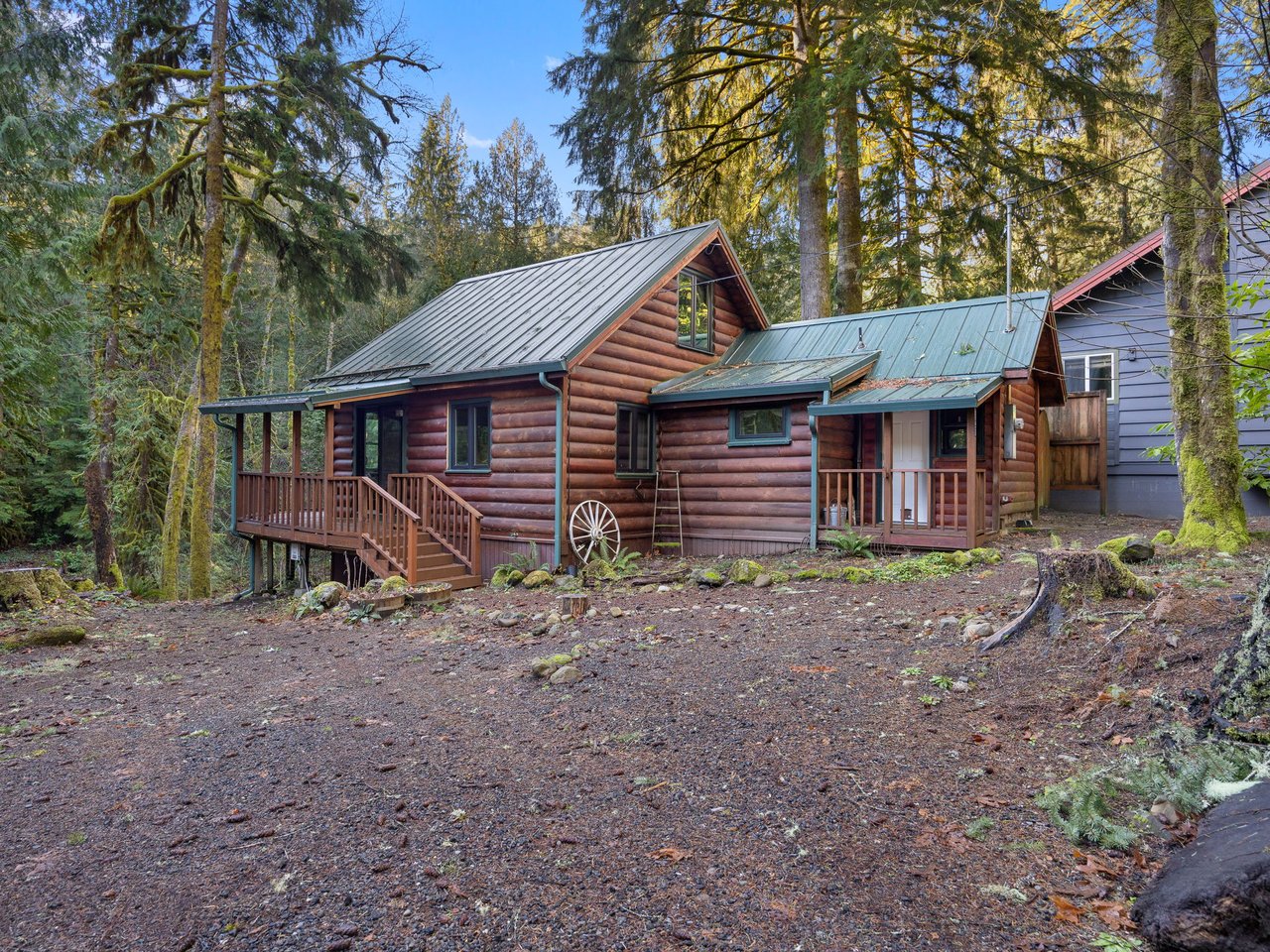Charming log cabin nestled among towering evergreens with rustic wagon wheel detail and spacious deck for forest retreat relaxation.