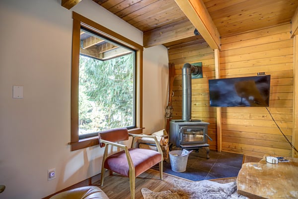 The Bow Roof Cabin Great Room Woodstove